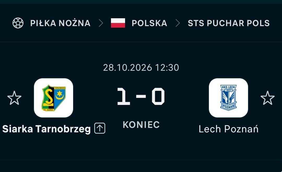 Grająca na 4. poziomie Siarka wygrywa z Lechem Poznań, liderem Ekstraklasy w Pucharze Polski