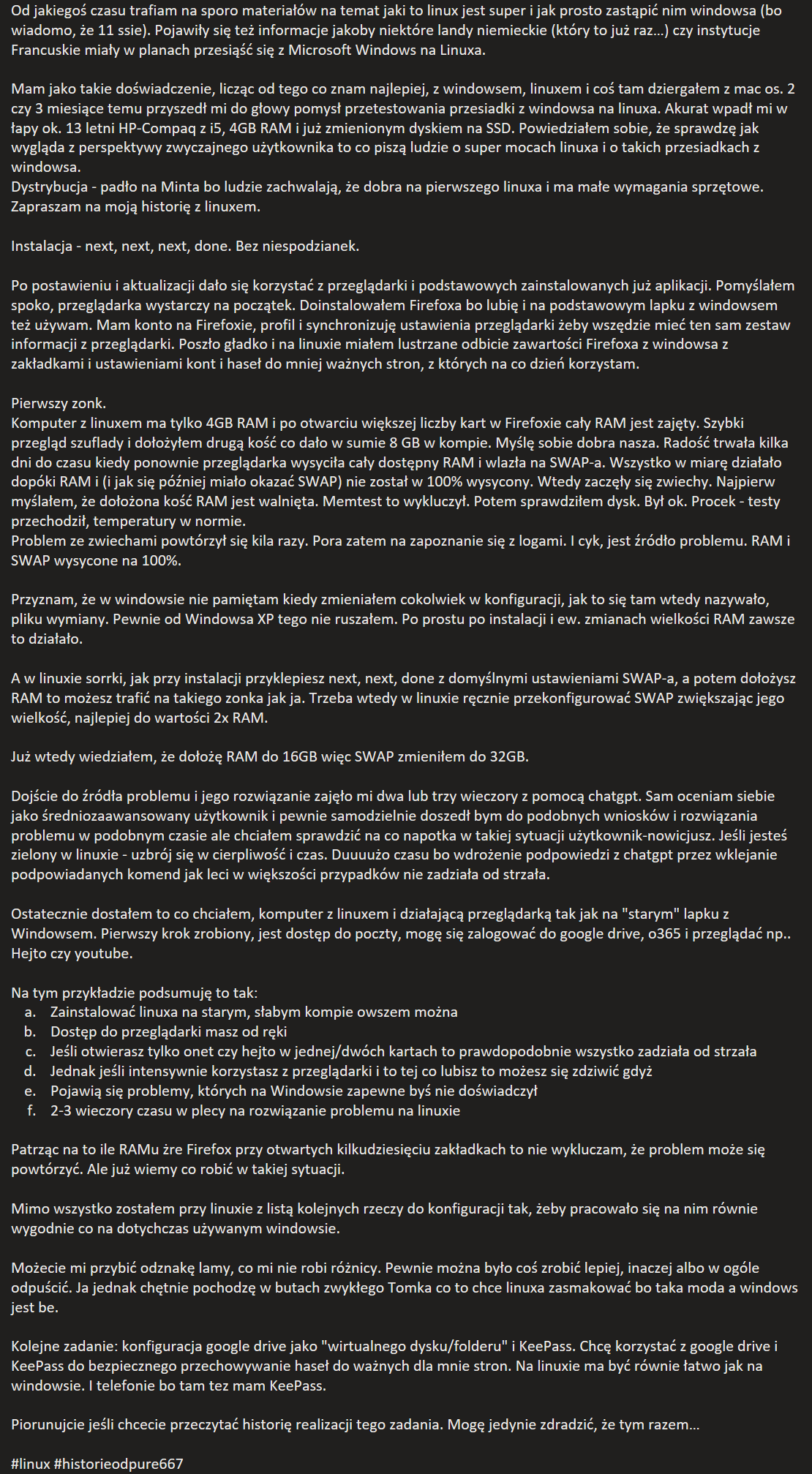 Zapraszam na moją historię z linuxem.