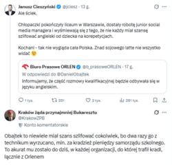 Obajtek zapowiedział, że wystartuje w konkursie na prezesa Orlen (tak będzie konkurs, a nie namaszczenie wodza jak za PiS). Dostał pocisk i w jego obronie stanął partyjny kolega, ten który za 380 mln kupił niewidzialne respiratory, za 200 mln bezwartościowe tureckie testy na Covid, maseczki